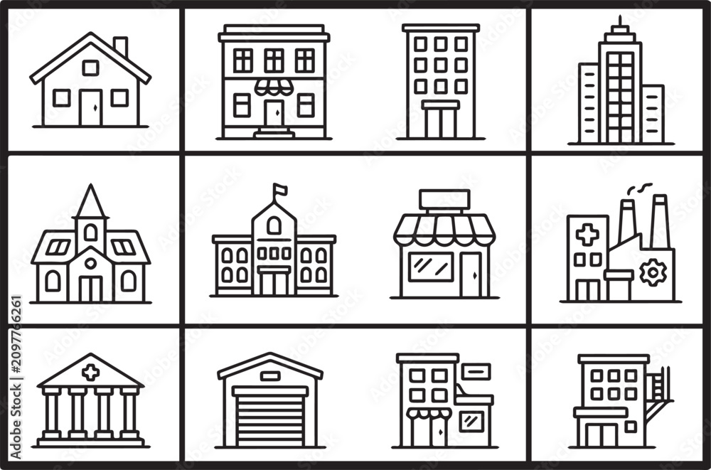Fototapeta premium set of buildings line icons vector 