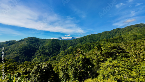 Fotografie Lush tropical rainforest covering a mountain valley beneath a clear blue sky