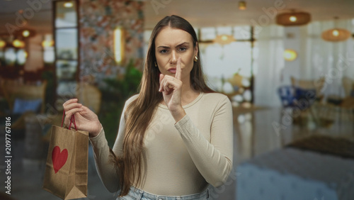 Tableau sur toile Woman holding shopping bag with red heart, finger to lips for silence in building with stern expression and long hair visible; disapproval warning concern