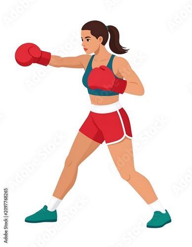 A female boxer in a fighting stance with her right arm extended