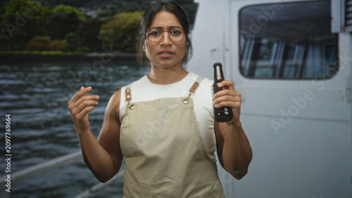 Tableau sur toile Woman holding a beer bottle and gesturing with raised hands on a boat deck by a cabin window and waterfront railing; concern explanation