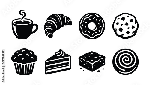 Black and White Flat Design Icons Set Of Various Delicious Pastries And Drinks