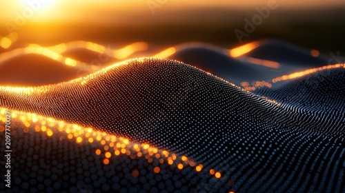 Black orbs in waves gleam in golden light