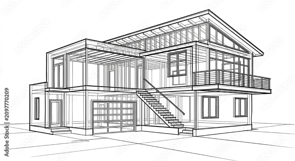 Fototapeta premium Modern House Wireframe Construction Sketch with Staircase Balcony and Structural Frame 