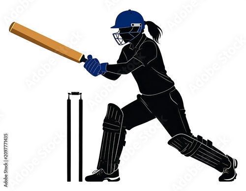 A female cricket player in action, wearing protective gear, swinging a bat