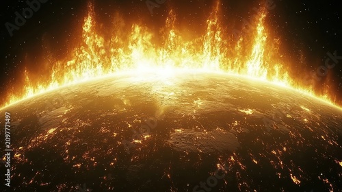 Blazing planet surface aflame, starscape backdrop