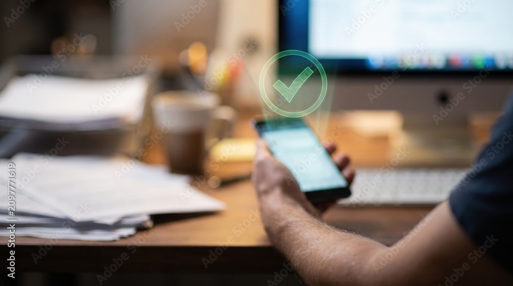 Fototapeta premium Hand Holding Smartphone with Green Approved Checkmark Hologram, Claim Resolution Success Concept, Insurance Approval, Digital Verification and Business Technology Service
