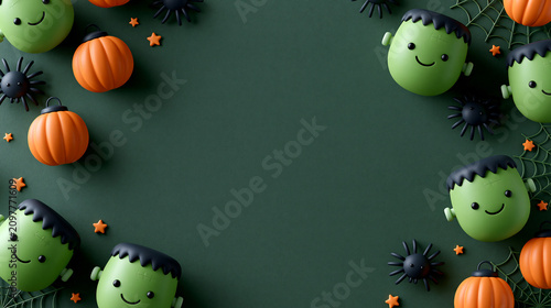 Playful Halloween advertising background, deep forest-green seamless surface with cute three-dimensional frankenstein monsters, friendly spiders, orange lanterns, small stars and d