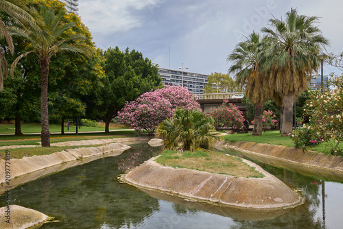 Water canal with tropical vegetation and blooming shrubs in Valencia park