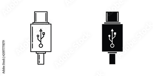 Usb type c connector cable plug set in outline and solid black style for modern digital device connectivity data