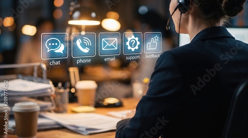 Call Center Customer Service Woman with Headset and Glowing Blue Holographic Chat Phone Email Support Feedback Icons, Digital Communication Technology, AI Customer Care, Business Helpdesk Concepts