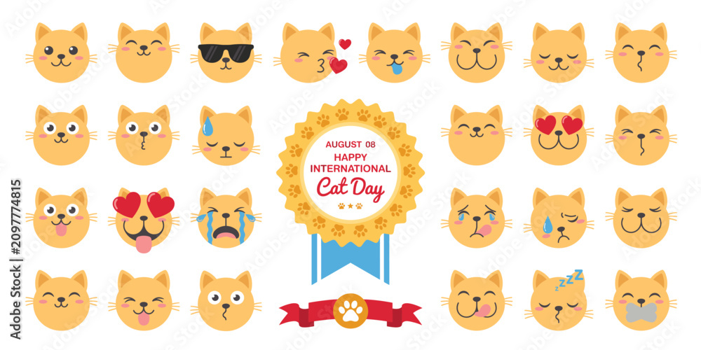 Fototapeta premium Set of yellow cat face emojis with various expressions, international cat day badge with paw prints, and a red ribbon banner on a white background