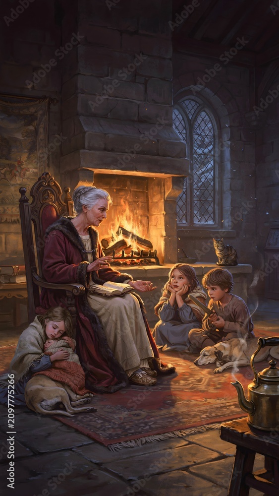 Obraz premium Cozy Christmas Scene with Woman Reading to Children by Fireplace in Medieval Room