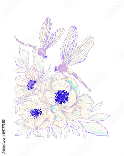 Foto Elegant dragonflies hover above soft, blooming flowers