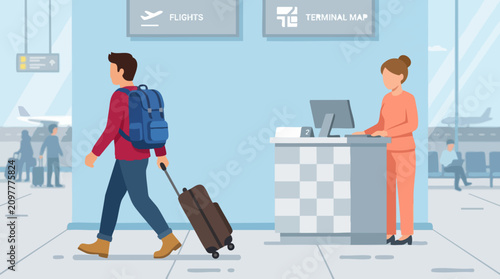Canvastavla Man with luggage at airport check-in counter with staff, travel illustration