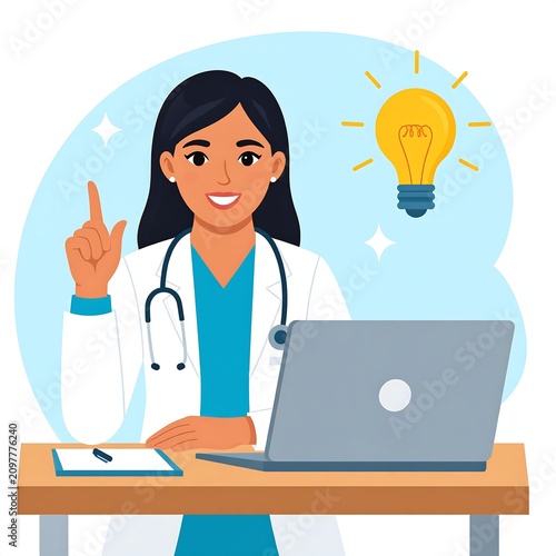 A female doctor with a lightbulb idea sits at a desk with a laptop