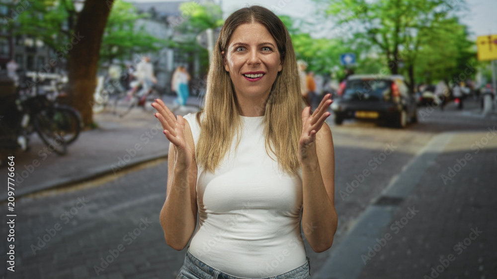 Fototapeta premium Woman hands clapping then wiping eyes on a busy street wearing white sleeveless top and jeans while smiling at camera; playful.