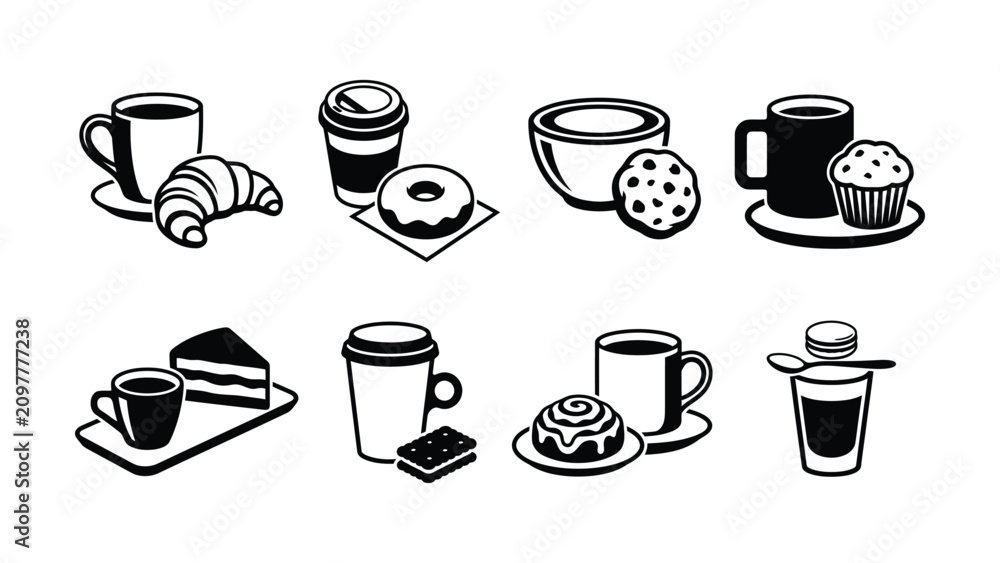 Obraz premium Black and White Illustrations of Coffee and Breakfast Food Combinations