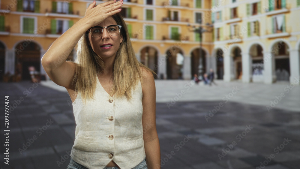 Fototapeta premium Woman with hand to forehead and glasses, sleeveless vest and jeans, standing in a sunlit street plaza with arcades and paving, appearing overheated; heat fatigue.