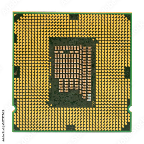 Fotografía Bottom View of Computer CPU Processor with Gold Contact Pads Isolated on Transpa