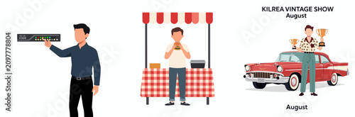 August event promotion with vintage car, food stall, and Cisco device