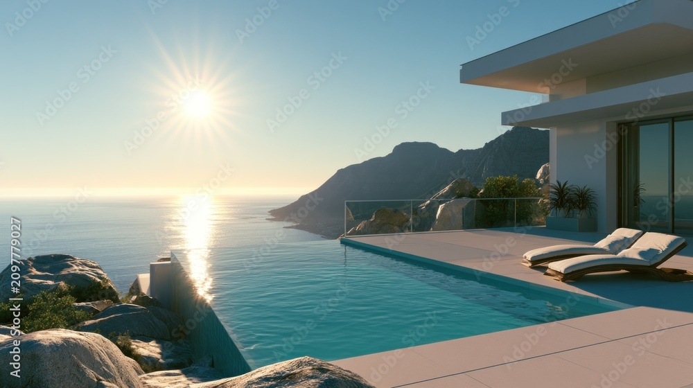 Fototapeta premium Luxury villa pool deck at golden sunset.