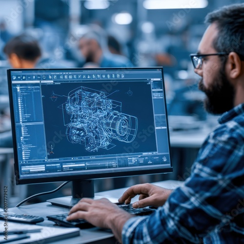 Male engineer working on industrial engine design on screen.