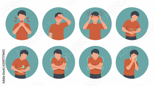 Cuadro en lienzo Set of icons depicting common human sickness symptoms and diseases