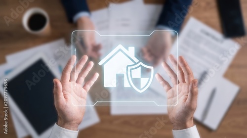 Modern Smart Home Security Hologram Interface with House Icon Shield Protection on Blurred Background, Digital Technology, Real Estate Safety, AI Innovation Concepts