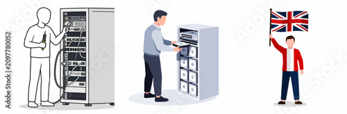 IT Professional Managing Server Racks and UK Flag Representation