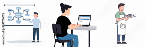 Modern office workflow with IT support, coding, and food delivery