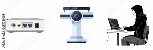 Woman using laptop with network camera and router surveillance setup