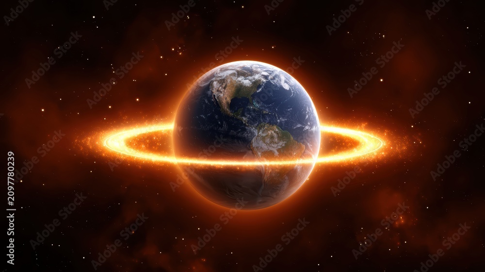 Fototapeta premium Earth surrounded by a glowing orange ring, set against a dark cosmic background with stars.