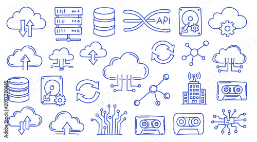 Cloud computing doodle icon set with server database and network icons