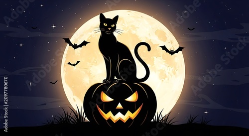 Black cat sitting on jack o lantern under a full moon with bats flying around