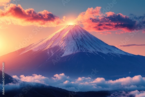 1 photo of Mount Fuji with sunset light 8K resolution, high detail, surreal, cinematic light, soft focus