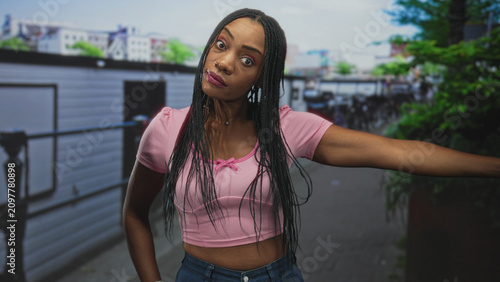 Картината върху платно Woman in pink crop top with braids, arm extended on railing exposing bare midriff on city street; defiance resilience
