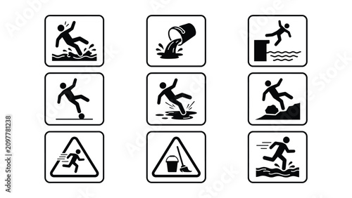 Fotografie Set of safety warning icons showing slip and fall hazards