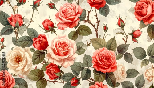 A floral pattern featuring roses in various shades of pink and red with green leaves on a cream background