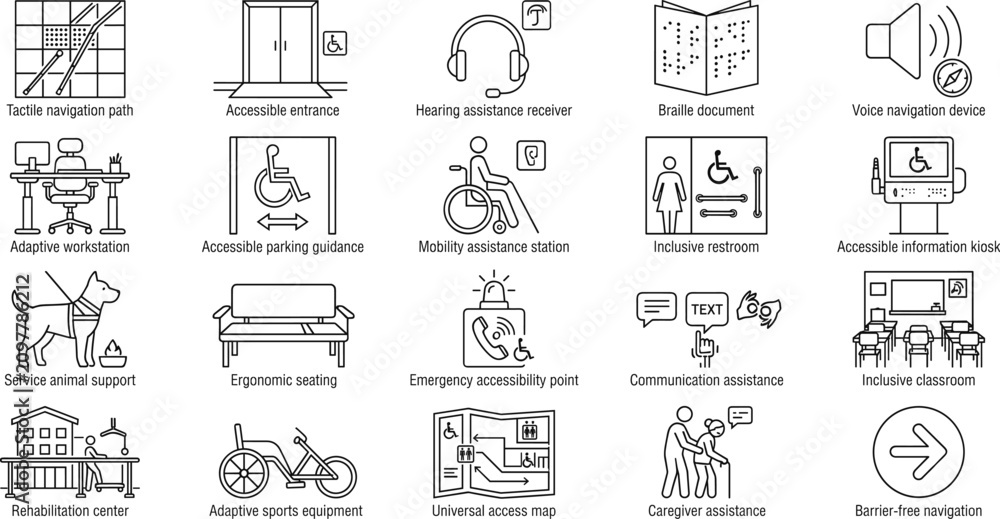Fototapeta premium Accessibility and Disability Support Icon Set Featuring Universal Access and Inclusive Environment Design Elements