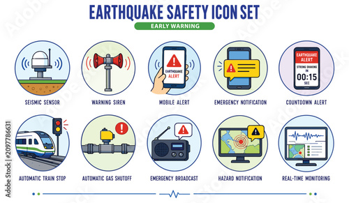 Professional icon artwork featuring earthquake early warning systems, organized with neat layer grouping for an efficient workflow, easy recoloring, and convenient customization. The artwork delivers 