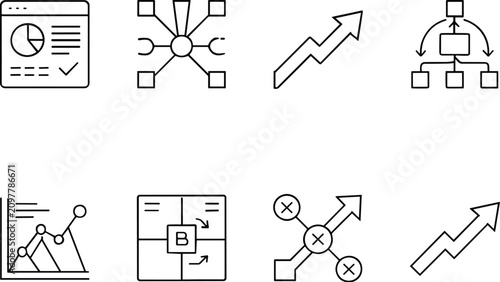 Business planning and strategic development line icon set showing market analytics growth charts and structure diagrams