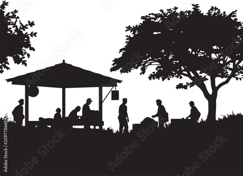Silhouette of people under a gazebo and trees park des