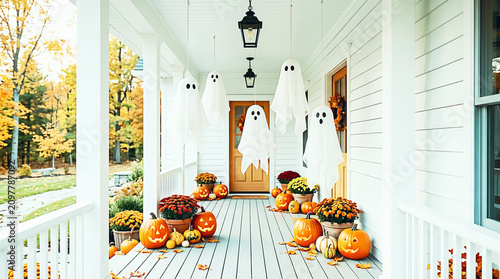 White house porch with pumpkins and lanterns for fall design for Halloween. Ai Generated