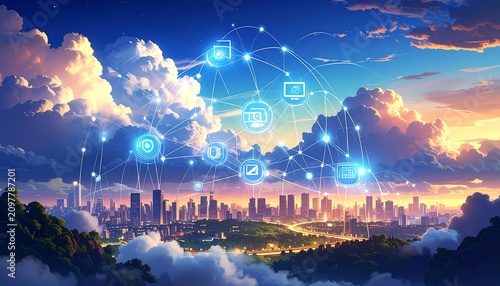 A futuristic cityscape at sunset with glowing blue icons