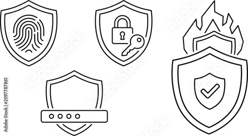 Cyber security and data protection line icon set featuring shield biometric fingerprint firewall and password symbols