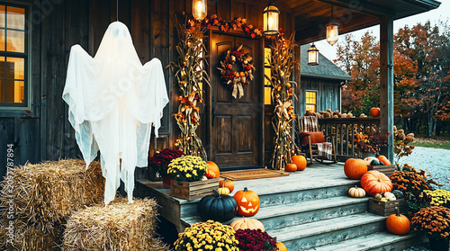 Ghost standing on a porch with pumpkins and hay bales design for Halloween. Ai Generated