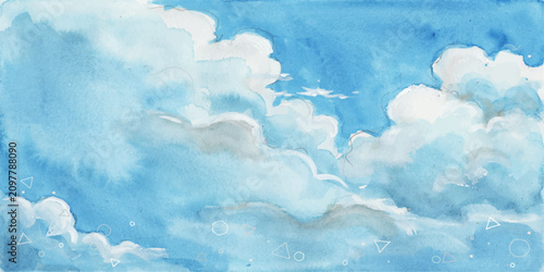 Fotografie Bright Blue Sky with Fluffy White Cumulus Clouds on a Clear Summer Day, Peaceful