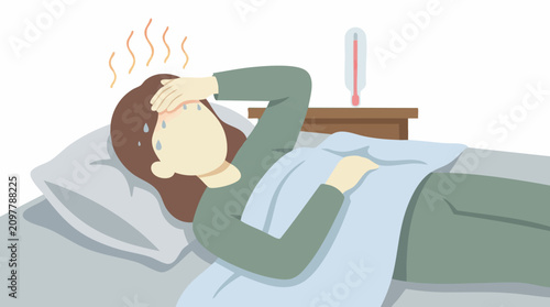 Canvastavla Illustration of a sick person with a fever lying in bed feeling unwell