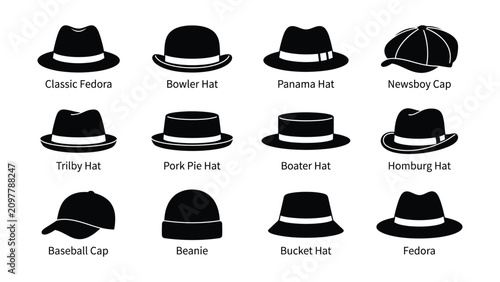 Cuadro en lienzo Various types of classic mens hats illustrated in black and white line art